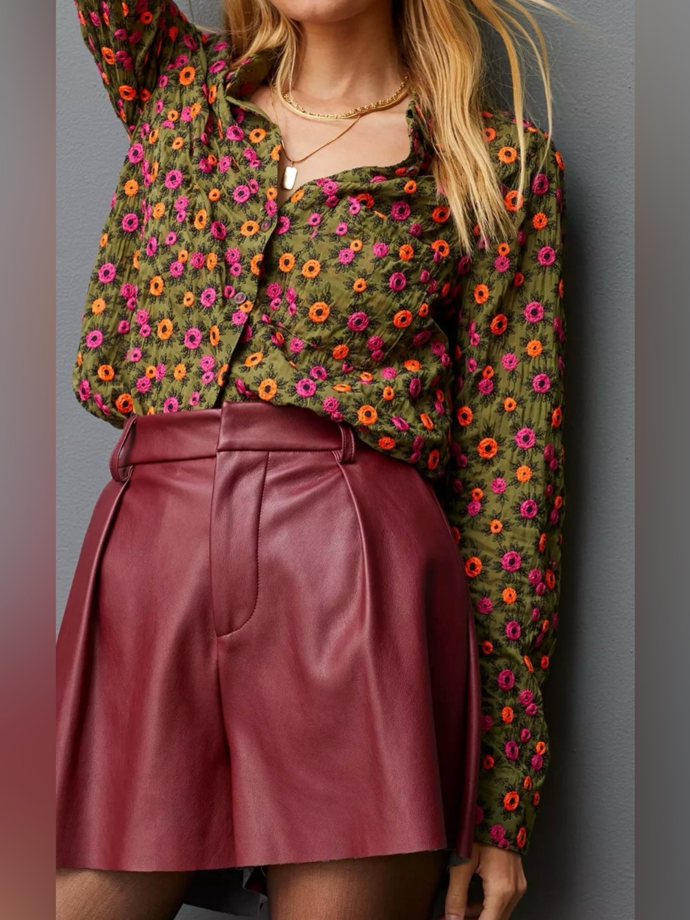 Maeve Olive Green Pink and Orange Floral Embroidered Button Up Blouse - Size 6